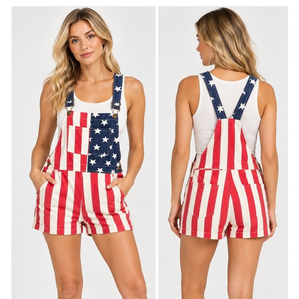 Womens American Flag Denim Shortalls Bib Overalls Stars Stripes Patriotic USA